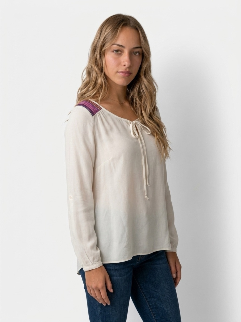 Maurices Women's White Boho Blouse S Tie-Neck 3/4 Sleeve Casual Top
